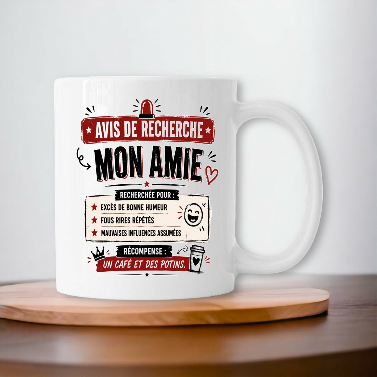 visual_Blanc Mug Mon Amie – Avis de Recherche | Cadeau humoristique pour meilleure amie