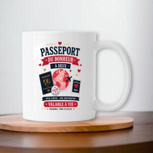 Mug Passeport du Bonheur à Deux – Cadeau Couple Romantique – Deux Cœurs Une Destination